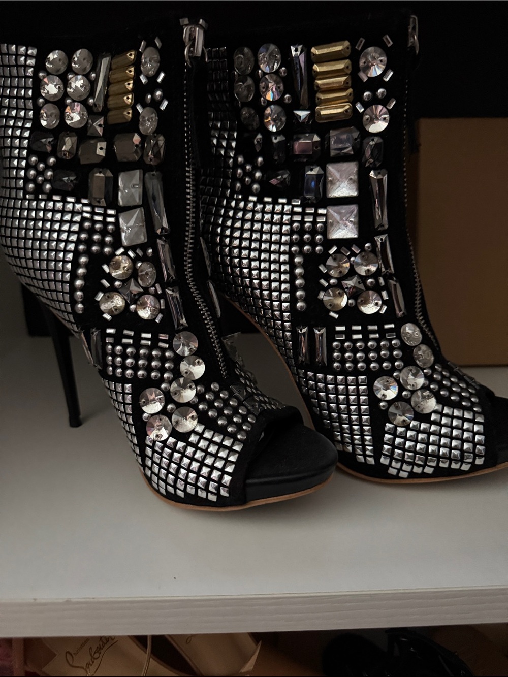 Studded Black Peep-Toe Ankle Booties - Women